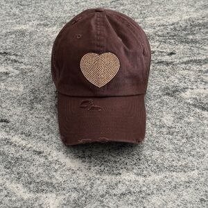 New Custom Designed Brown Distressed Baseball Cap with Gold Beaded Heart